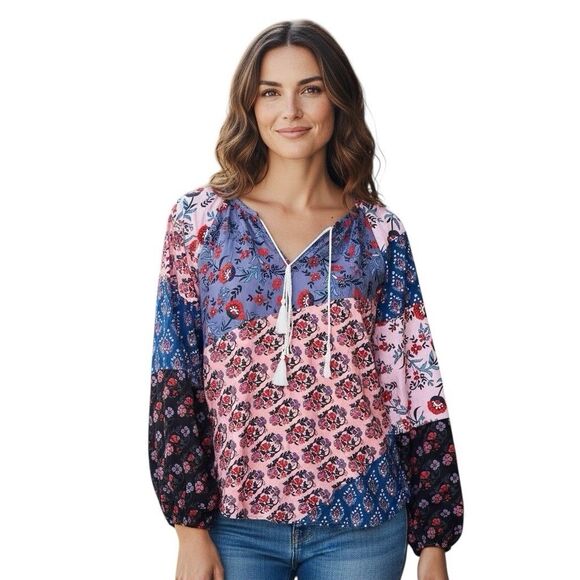 Patchwork Boho Blouse Women's Sz XL Floral Hippie Navy Multi Peasant Fall Colors - Picture 1 of 11